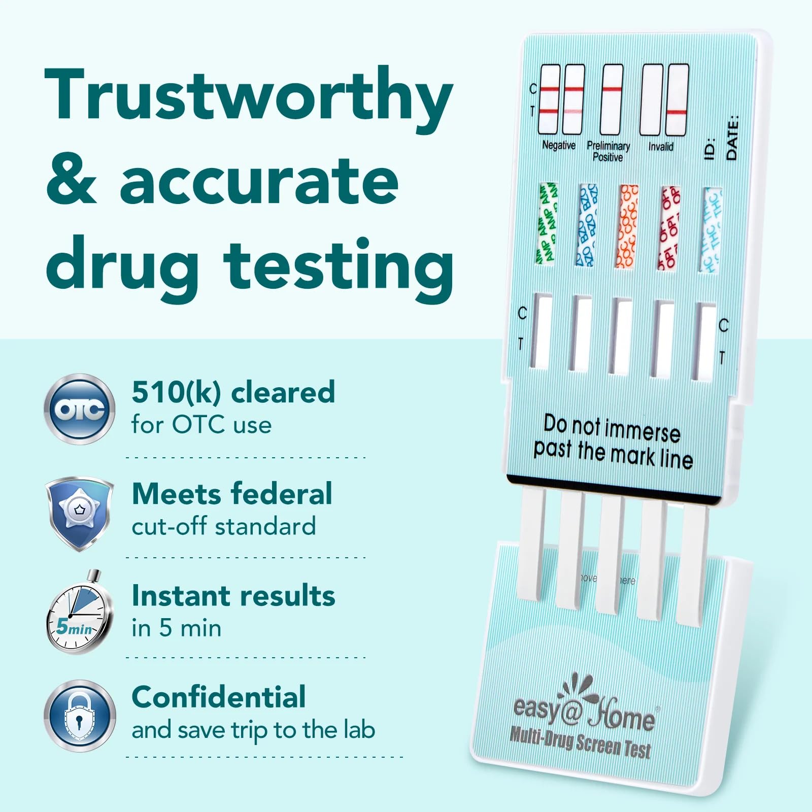 5 Pack Easy@Home 5 Panel Instant Drug Test Kits - Testing Marijuana (THC), COC, OPI 2000, AMP, BZO - Urine Dip Drug Testing - #EDOAP-754