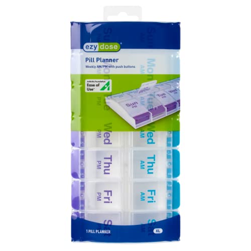 EZY DOSE Push Button (7-Day) Pill Case, Medicine Planner, Vitamin Organizer, 2 Times a Day AM/PM, X-Large Compartments, Arthritis Friendly, Clear Lids, Purple and Blue, BPA Free