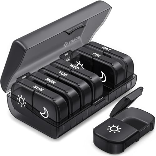 AUVON XL շաբաթական դեղահաբի կազմակերպիչ՝ օրը 2 անգամ, դեղահաբի տուփ 7 օր՝ միակողմանի մեծ բացվածքով, հեշտ լցոնման համար, սև գաղտնիության պաշտպանություն AM PM դեղահատերի պատյան դեղորայքի/վիտամինների/ձկան յուղերի/հավելումների համար։