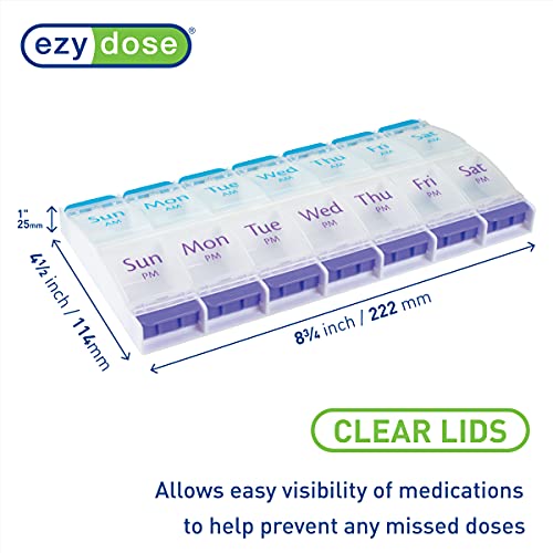 EZY DOSE Push Button (7-Day) Pill Case, Medicine Planner, Vitamin Organizer, 2 Times a Day AM/PM, X-Large Compartments, Arthritis Friendly, Clear Lids, Purple and Blue, BPA Free