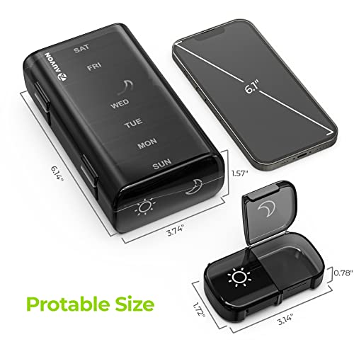 AUVON XL շաբաթական դեղահաբի կազմակերպիչ՝ օրը 2 անգամ, դեղահաբի տուփ 7 օր՝ միակողմանի մեծ բացվածքով, հեշտ լցոնման համար, սև գաղտնիության պաշտպանություն AM PM դեղահատերի պատյան դեղորայքի/վիտամինների/ձկան յուղերի/հավելումների համար։