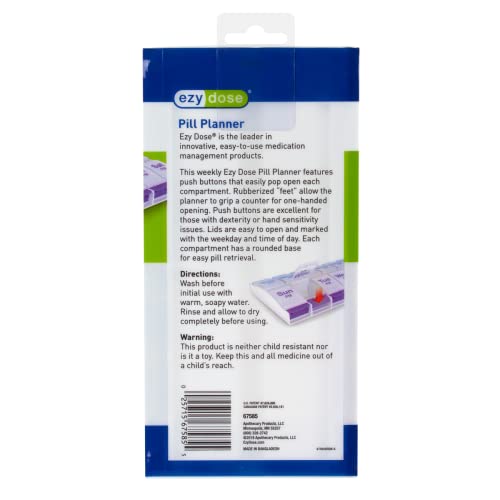 EZY DOSE Push Button (7-Day) Pill Case, Medicine Planner, Vitamin Organizer, 2 Times a Day AM/PM, X-Large Compartments, Arthritis Friendly, Clear Lids, Purple and Blue, BPA Free