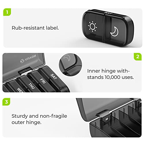 AUVON XL շաբաթական դեղահաբի կազմակերպիչ՝ օրը 2 անգամ, դեղահաբի տուփ 7 օր՝ միակողմանի մեծ բացվածքով, հեշտ լցոնման համար, սև գաղտնիության պաշտպանություն AM PM դեղահատերի պատյան դեղորայքի/վիտամինների/ձկան յուղերի/հավելումների համար։