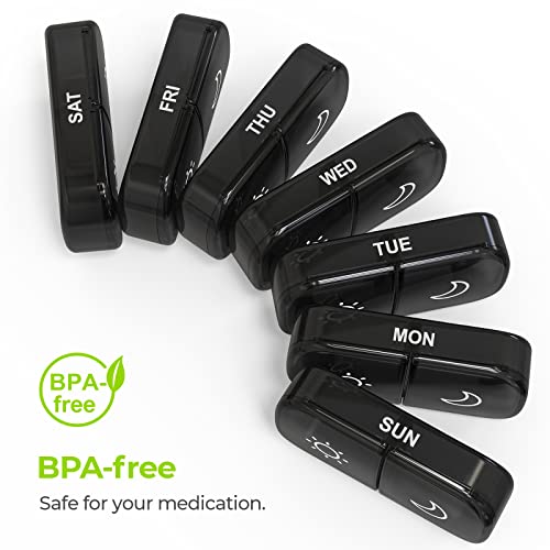 AUVON XL շաբաթական դեղահաբի կազմակերպիչ՝ օրը 2 անգամ, դեղահաբի տուփ 7 օր՝ միակողմանի մեծ բացվածքով, հեշտ լցոնման համար, սև գաղտնիության պաշտպանություն AM PM դեղահատերի պատյան դեղորայքի/վիտամինների/ձկան յուղերի/հավելումների համար։