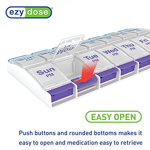 EZY DOSE Push Button (7-Day) Pill Case, Medicine Planner, Vitamin Organizer, 2 Times a Day AM/PM, X-Large Compartments, Arthritis Friendly, Clear Lids, Purple and Blue, BPA Free