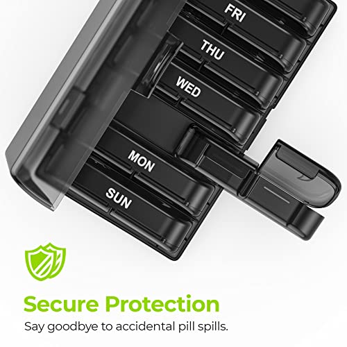 AUVON XL շաբաթական դեղահաբի կազմակերպիչ՝ օրը 2 անգամ, դեղահաբի տուփ 7 օր՝ միակողմանի մեծ բացվածքով, հեշտ լցոնման համար, սև գաղտնիության պաշտպանություն AM PM դեղահատերի պատյան դեղորայքի/վիտամինների/ձկան յուղերի/հավելումների համար։