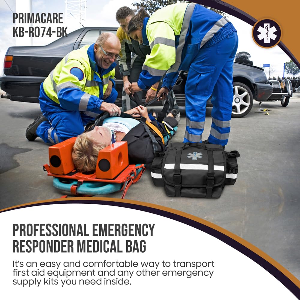 Primacare KB-RO74-BK First Responder Bag for Trauma, 17"x9"x7", Professional Multiple Compartment Kit Carrier for Emergency Medical Supplies, Black