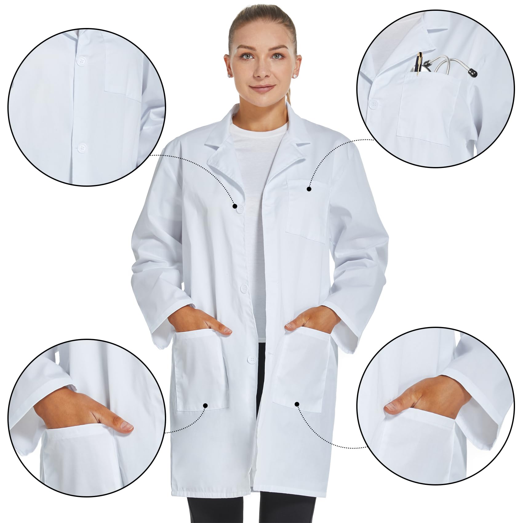 VOGRYE Professional Lab Coat for Women Long Sleeve, White, Unisex L