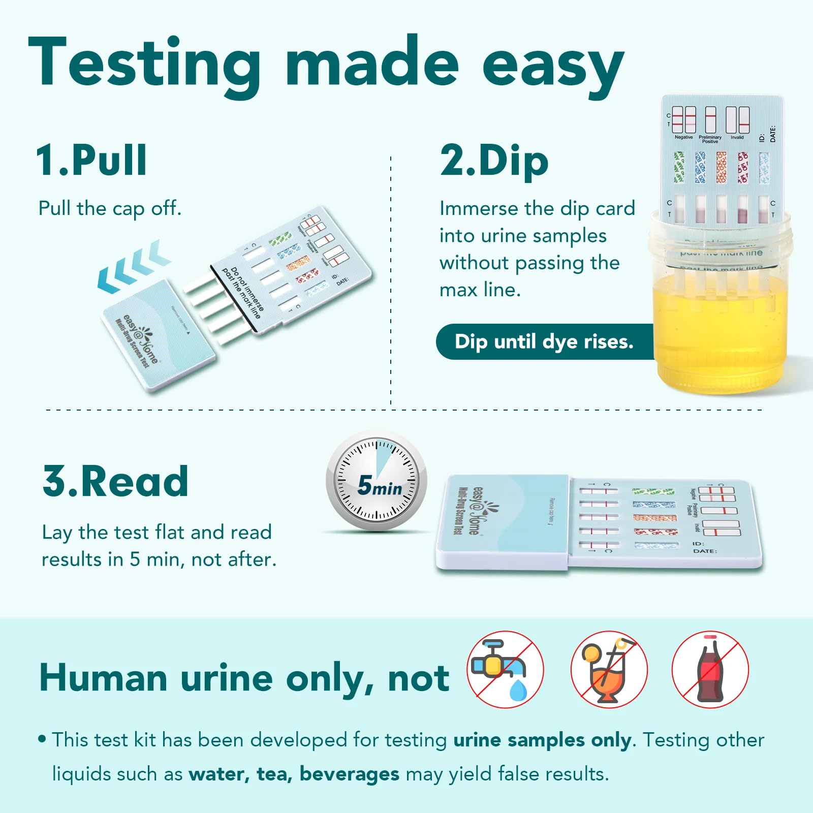 5 Pack Easy@Home 5 Panel Instant Drug Test Kits - Testing Marijuana (THC), COC, OPI 2000, AMP, BZO - Urine Dip Drug Testing - #EDOAP-754