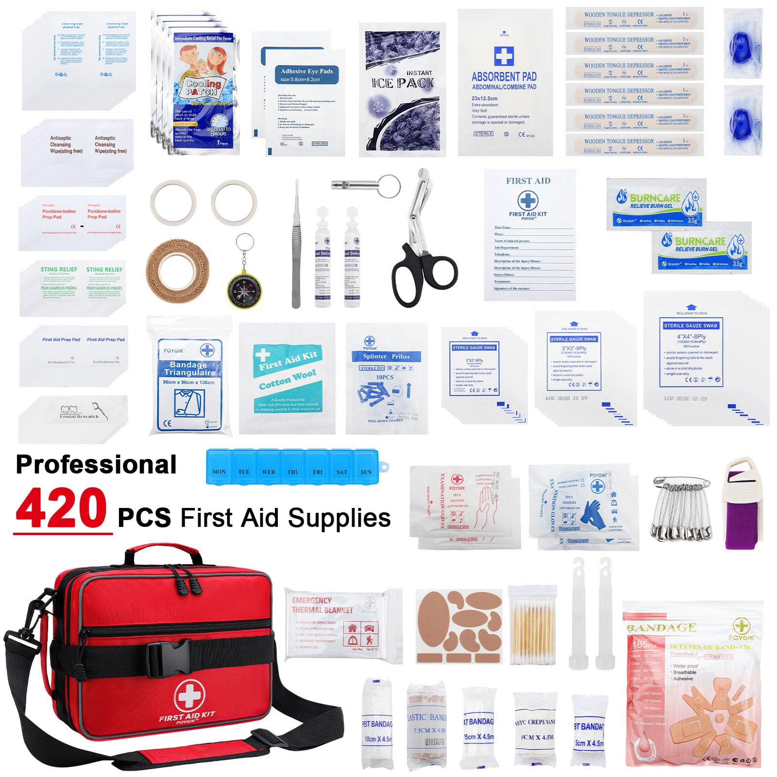 Poygik Premium 420 Piece Large First Aid Kit for Home, Car, Travel, Camping, Truck, Hiking, Sports, Office, Vehicle & Outdoor Emergencies - Emergency Medical Kits, Businesses & Home Medical Supplies